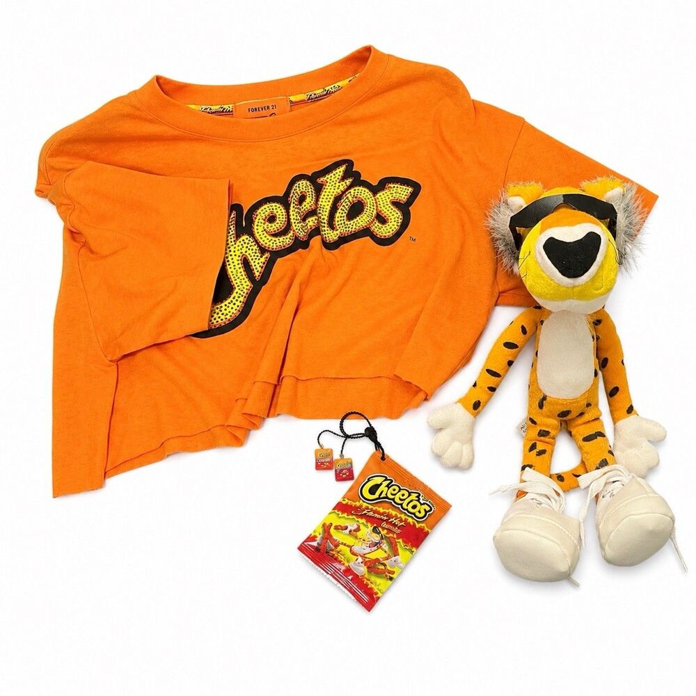 Forever 21 Flaming Hot Cheetos Rhinestone Crop Top Medium Lot + Chester Plush